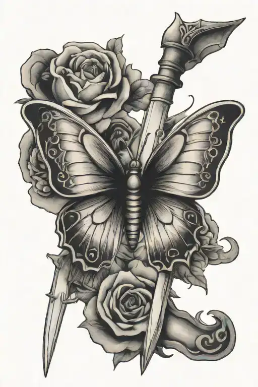 butterfly and sword piercing tattoo design idea
