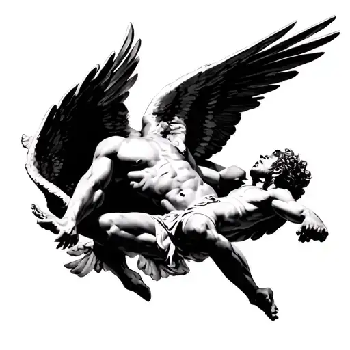icarus falling in great detail black and white tattoo design idea