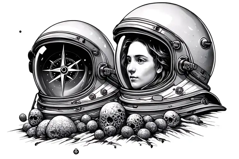compass, family, space helmet tattoo design idea