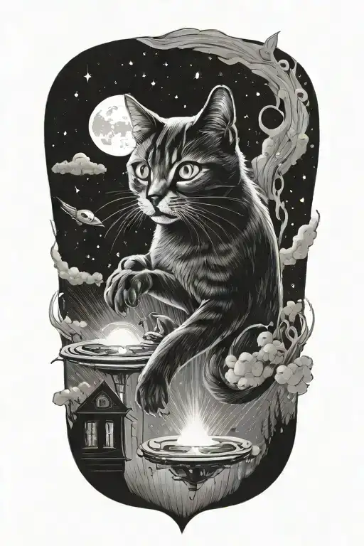 A cat abducted by ufo beaming  tattoo design idea