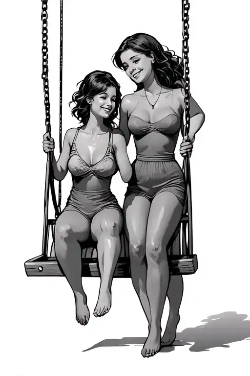 The woman stands next to the swing, on the swing sits 2 girls who swing, tattoo is not complicated, rather simple shapes tattoo design idea