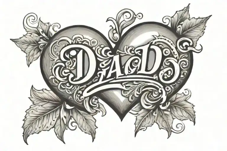 Heart and Text: At the center is a heart, approximately 2 inches high and 4 inches wide. Inside the heart, the word "Dad tattoo design idea