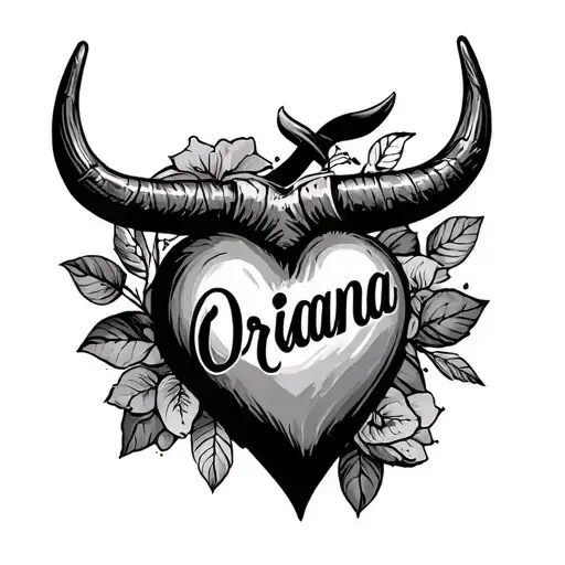 traditional mom heart tattoo style but with the name Oriana and a bull horn silhouette behind it tattoo design idea
