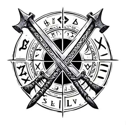 Viking Runes Brotherhood , Axes Crossed Swords And Xlv Written In Centre Of Symbol tattoo design idea