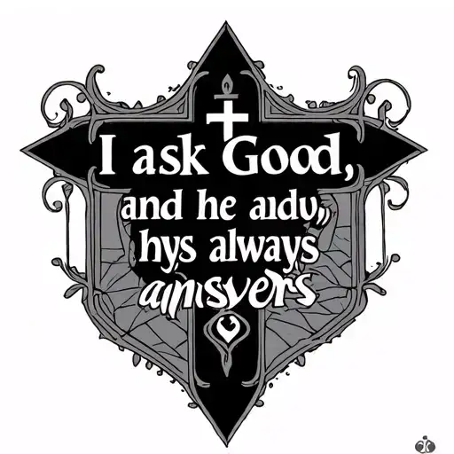 cross with filagree font saying "i ask god, and he always answers" with cathedral  window pattern tattoo design idea
