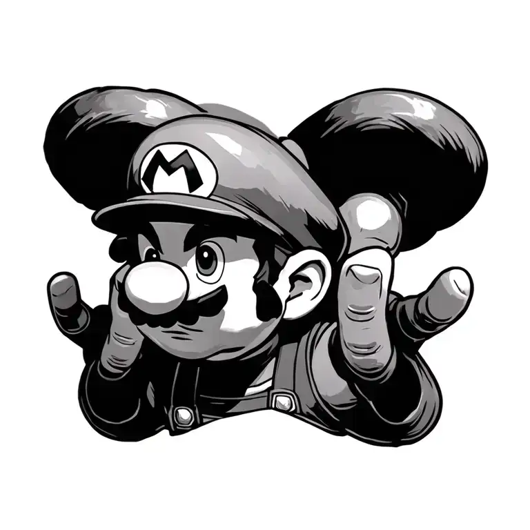 my sons hand detailed greyscale super mario themed tattoo design idea