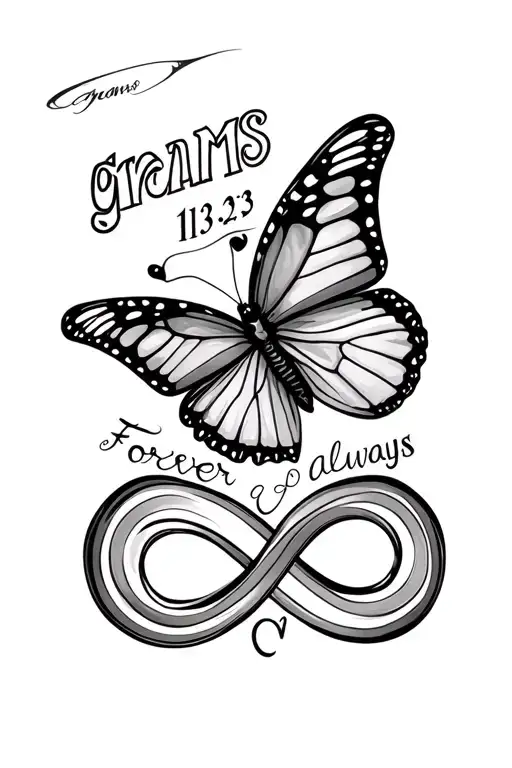 a butterfly with the word grams and 11 3 23 inside with a infinity sign saying forever n always tattoo design idea