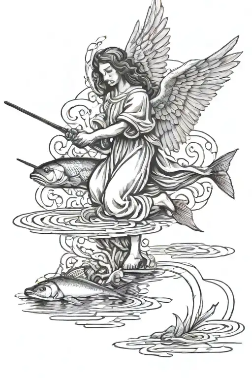 A hauntingly beautiful tattoo of a guardian angel fishing in a serene lake, with the names of the client's overleden kids incorporated into the design tattoo design idea