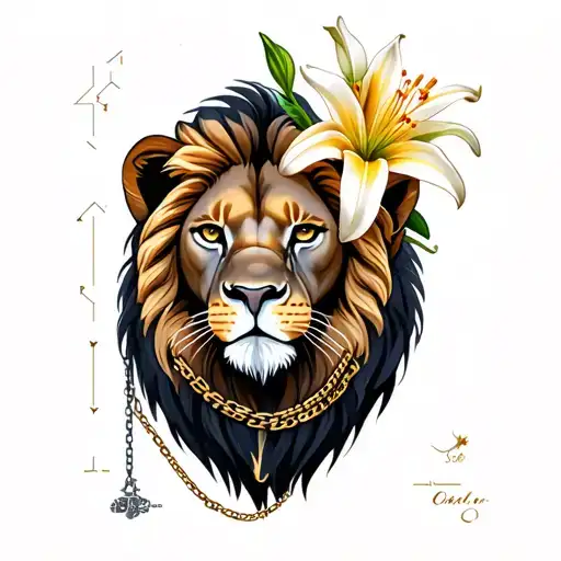 Leo lion constellation head with lily flower in mane and chain necklace tattoo design idea