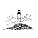 a lighthouse on the rocks sorrounded by waves crashing. it may fuse with alagoas state flag tattoo design idea