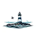 a lighthouse on the rocks sorrounded by waves crashing. it may fuse with alagoas state flag tattoo design idea