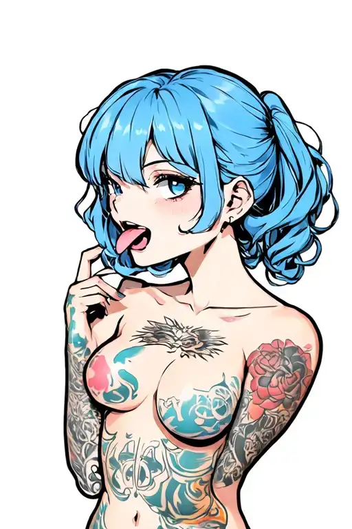 hentail, nude, bdsm, stick out the tongue, nymphomaniac face, young, sexy front position, small boobs, blue hair tattoo design idea