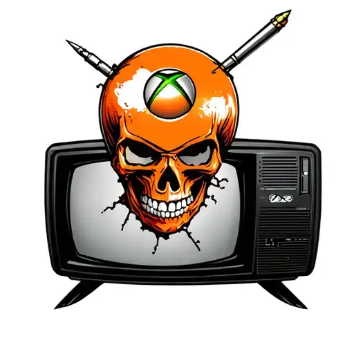 orange skull xbox 360 logo on retro tv with bullet hole in it tattoo design idea