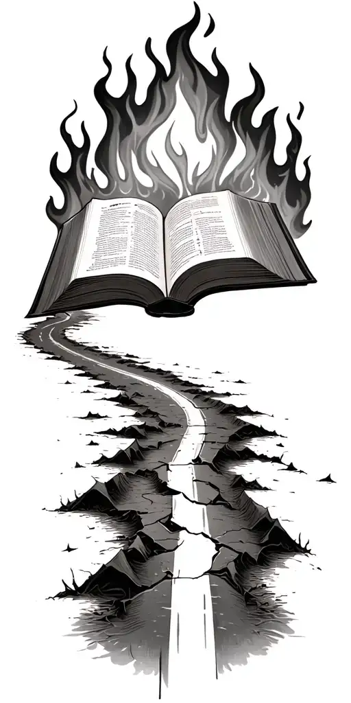 broken road leading to book on fire tattoo design idea