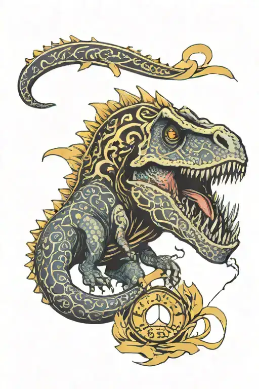 Dinosaur with gold cancer ribbon inscribed with g2 strong . Birth date and death date 8/15/2022-10/25/2024 tattoo design idea