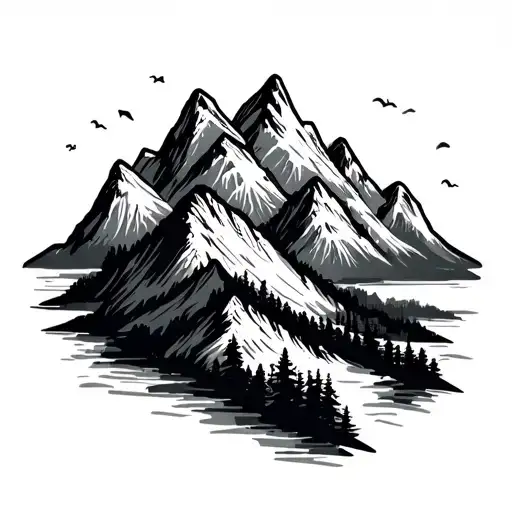 Grey sketch-style tattoo stencil of natural mountains, drawn with soft pencil-like textured lines. Clean and feminine ae tattoo design idea