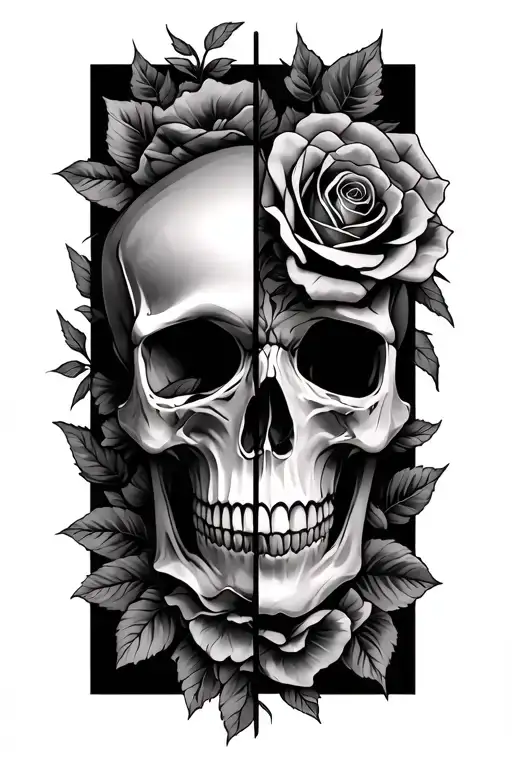 soft skull, no harsh edges - on left half. Roses - on right half.  tattoo design idea
