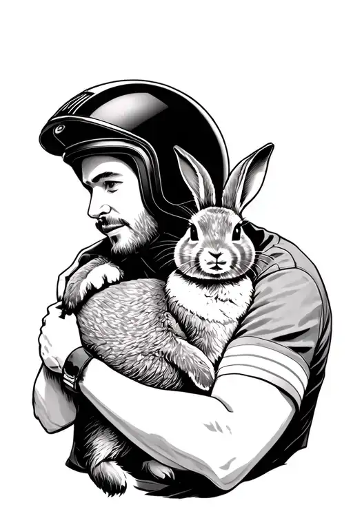 man wearing a motorcycle helmet and hugging a rabbit. tattoo design idea
