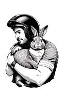 man wearing a motorcycle helmet and hugging a rabbit. tattoo design idea