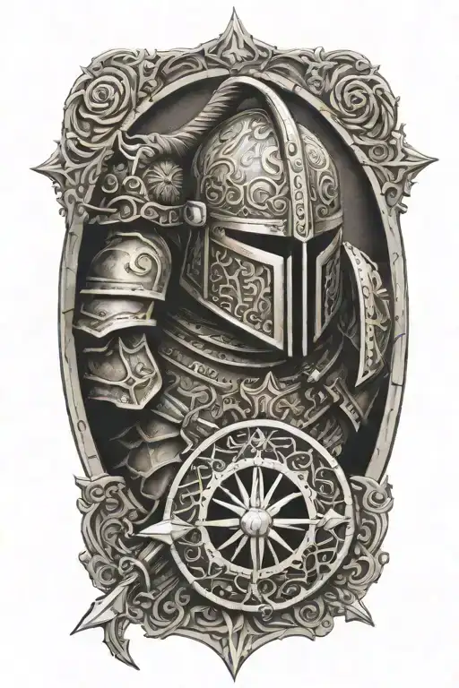 strength courage faith , god warrior with helmet sword shield rose window on armor  tattoo design idea