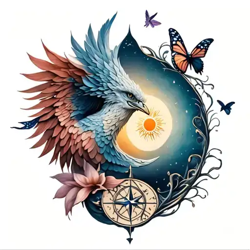 phoenix, lotus flower,tree of life, anchor, butterfly,compass, dragon fly, sun and moon tattoo design idea