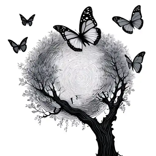 tree people fingerprinted butterflies flying tattoo design idea
