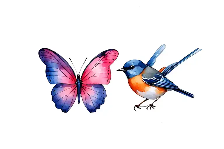 butterfly and robin - pink, purple, blue colours tattoo design idea