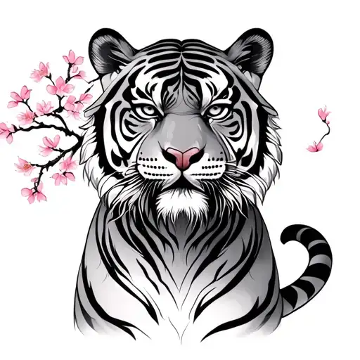 Asian tiger whole body tattoo with cherry blossom tree tattoo design idea