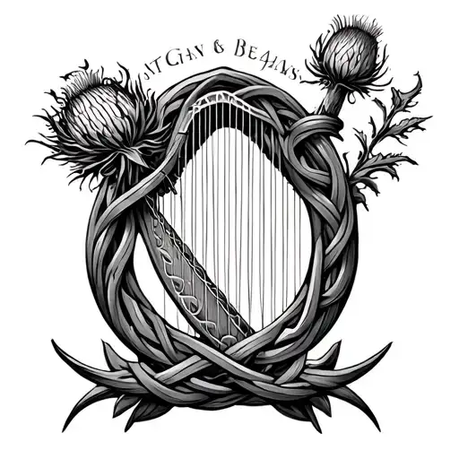 Scottish thistle with Irish Harp entwined in Celtic infinity knot  tattoo design idea