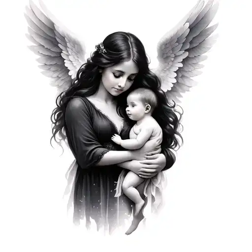 Mother and baby with wings of white realism and tattoo design idea