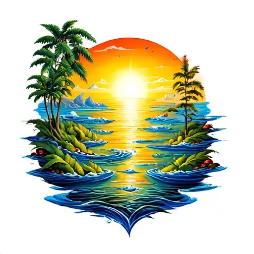 A surrealistic tattoo of an eternal summer scene with water elements intertwined, inspired by the works of Camus, in a neotraditional style tattoo design idea