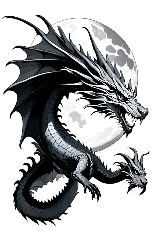 Dragon flying towards moon tattoo design idea