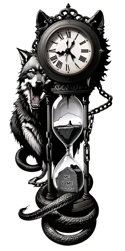 a broken clock at top a wolf biting its own chain in middle then a grave that says me v me and a snake around a hourglas tattoo design idea