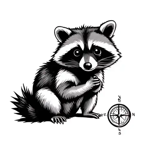 cute racoon sitting holding a compass tattoo design idea