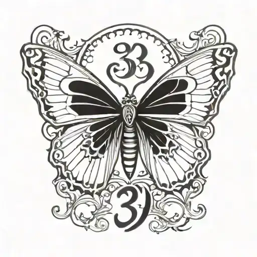 flat monarch butterfly, angel number "333" in gothic font tattoo design idea