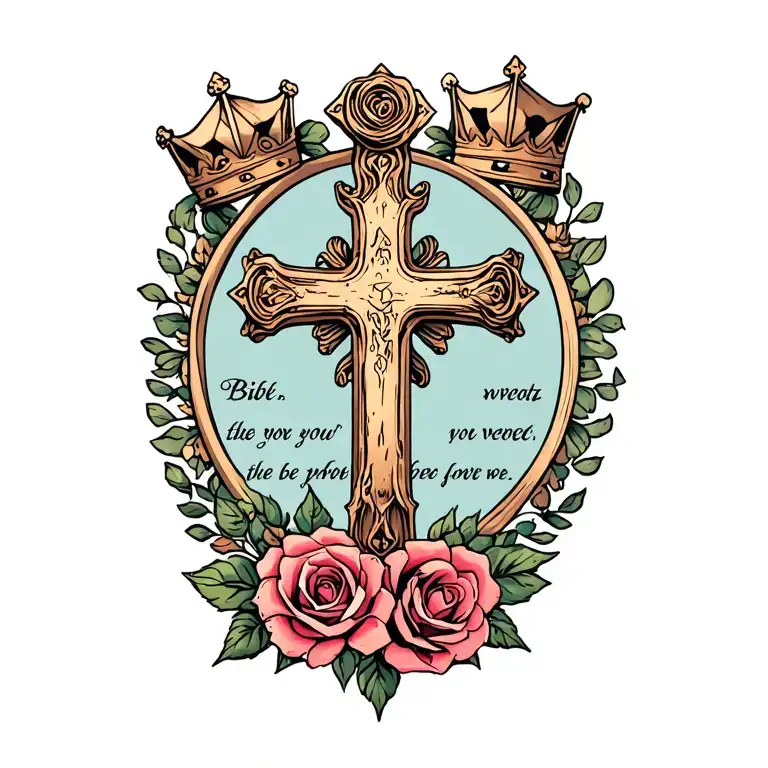 A tattoo of a cross on the bicep, a Bible verse is underneath the cross, with two roses right above the verse two crowns tattoo design idea