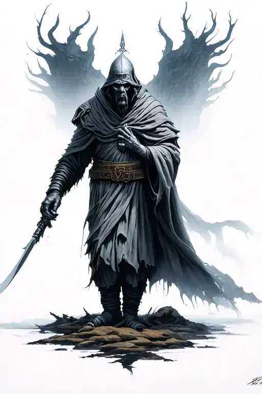 The Warden as a deeply symbolic and personal tattoo—an ancient, non-human, solemn figure that emerges from the fog  tattoo design idea