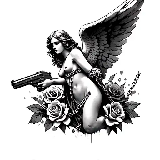 Angel holding a gun, over tomb stones, roses and chains tattoo design idea