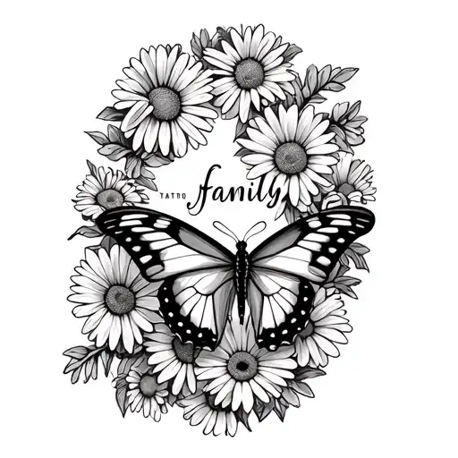 2 butterflies  finger prints with a rap around vine of daisies with the word family  tattoo design idea