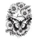 2 butterflies  finger prints with a rap around vine of daisies with the word family  tattoo design idea