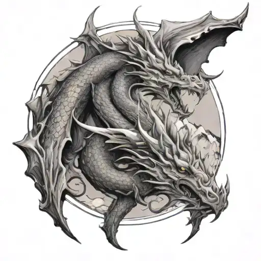 Dragon with mountain abstract representation full sleeve tattoo design idea