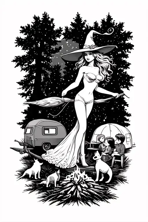 silhouette of busty sexy witch bride on broomstick over a campsite with a trailer and campfire with children & dog tattoo design idea