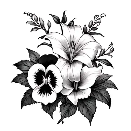 Lillies, roses, pansies tattoo design idea