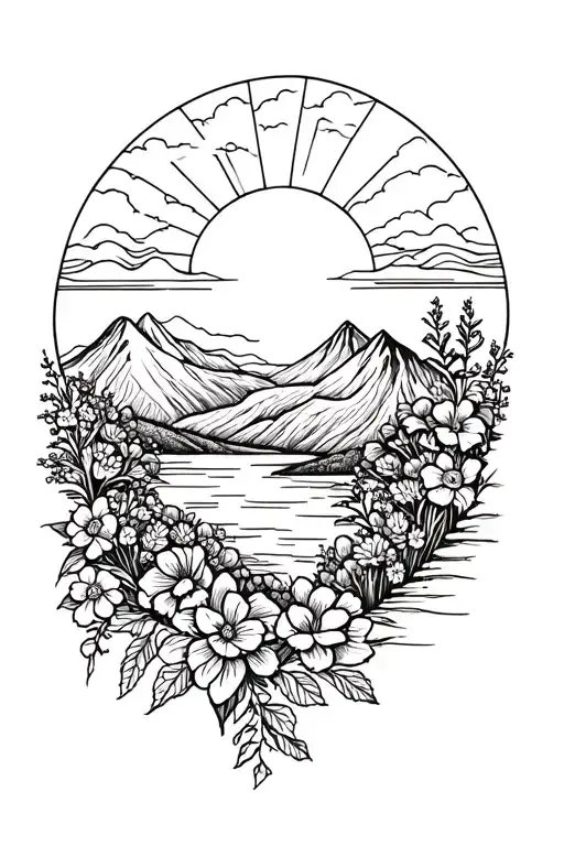 sunrise flowing into mountains and flowers  tattoo design idea