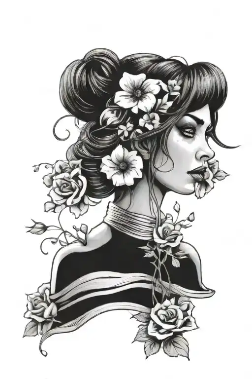 pierce the veil girl from the album collide with the sky infused into petunia flowers with babys breath tattoo design idea