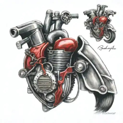 A realistic heart with a motorcycle engine inside it tattoo design idea