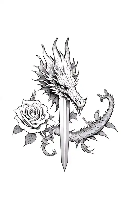dragon and little dagger and roses tattoo design idea