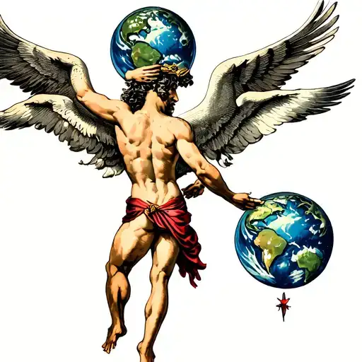 god holding the earth on his back, angle fighting lucifer, birds jn the back ground, god creating mankind tattoo design idea
