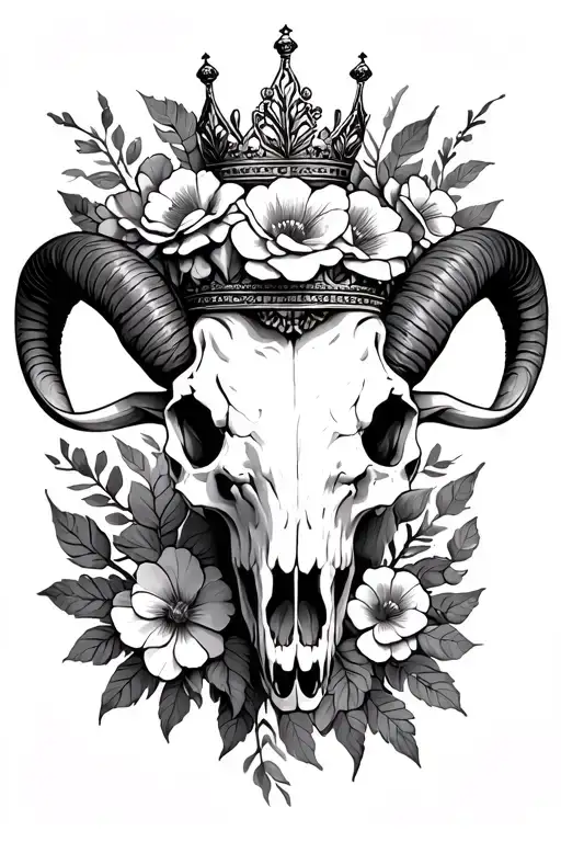Aries ram skull with flowers and crown tattoo design idea