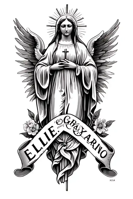 "Ellie gray Bejarano " "Ellie gray Bejarano " "Ellie gray Bejarano "  Virgin Mary banner tattoo design idea